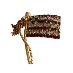 Vintage Rhinestone Flag Pole Brooch Pin with Hanging Chain